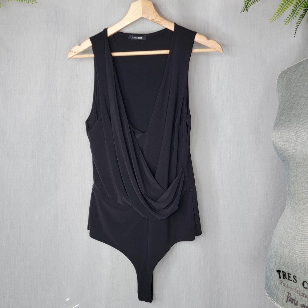 Sale Fashion Nova Drape Bodysuit Black Sleeveless Y2K - Picture 3 of 6